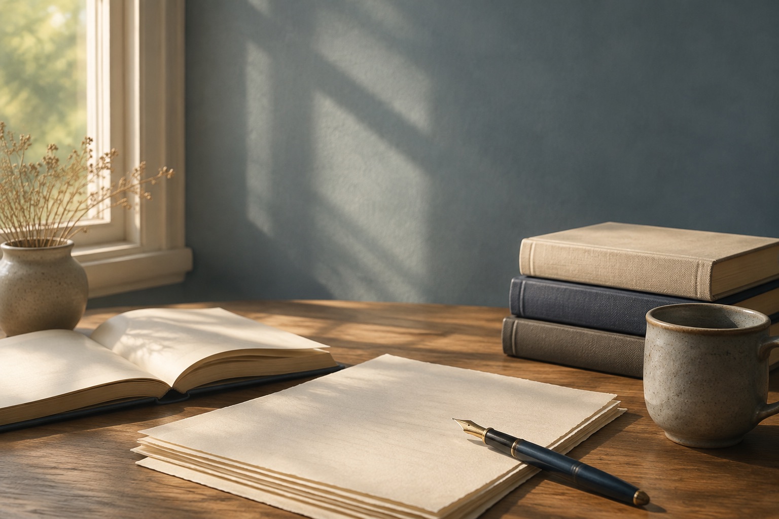 Books, manuscript pages, and a fountain pen on a sunlit writing desk
