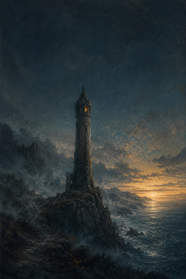 Fantasy cover illustration — an ember-lit tower above a misty sea cliff